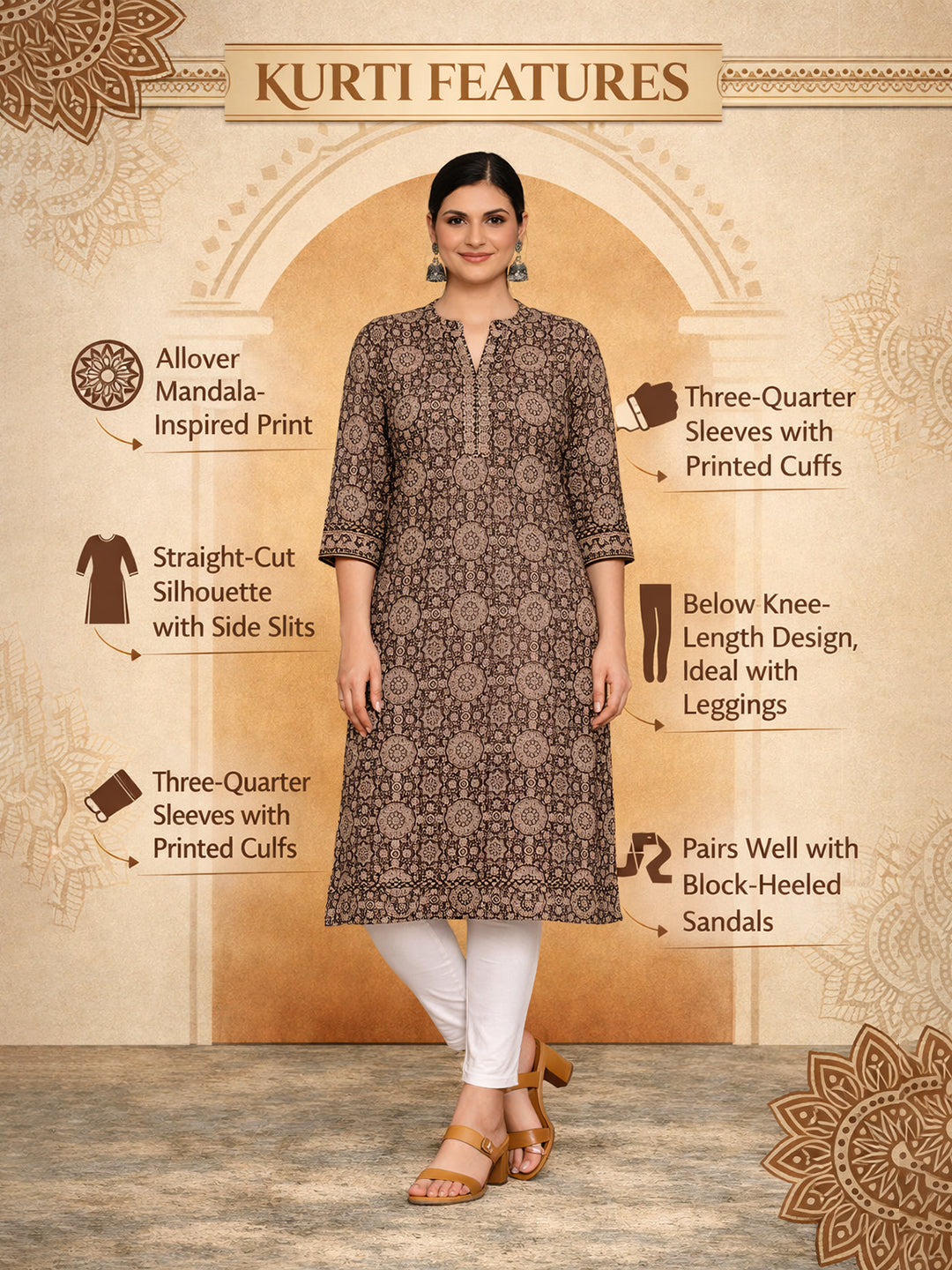 Brown Cotton Printed Kurti for Women