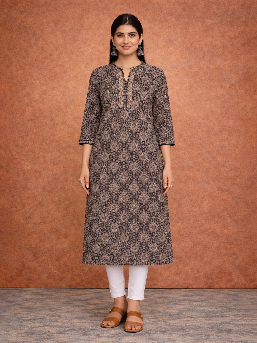Brown Cotton Printed Kurti for Women