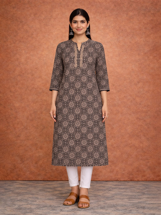Brown Cotton Printed Kurti for Women