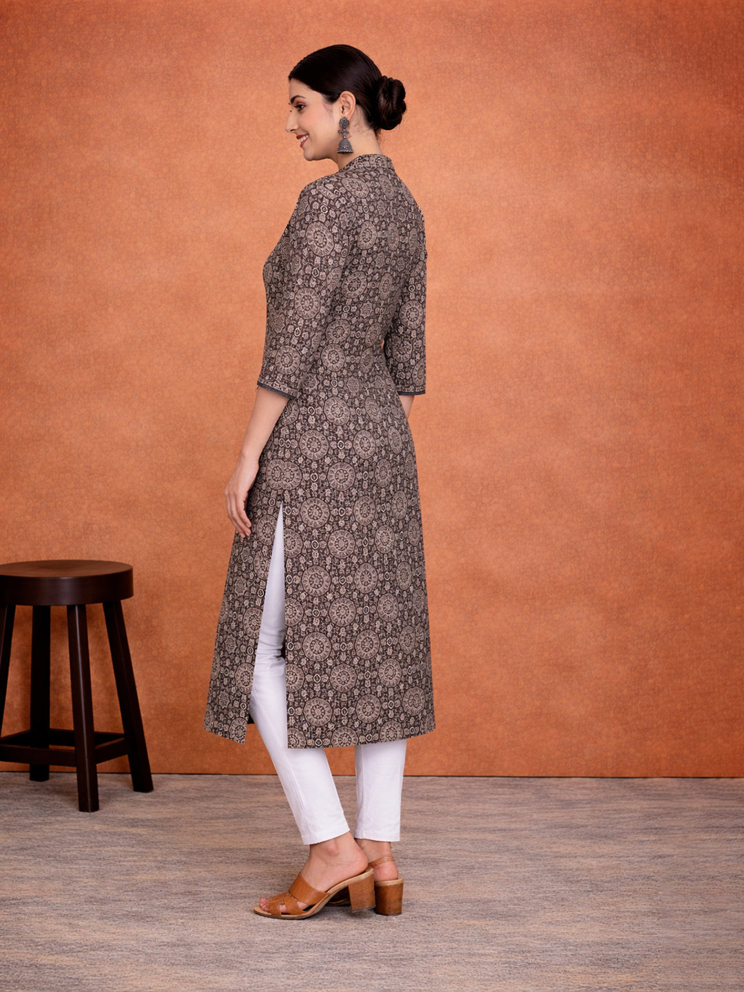 Brown Cotton Printed Kurti for Women