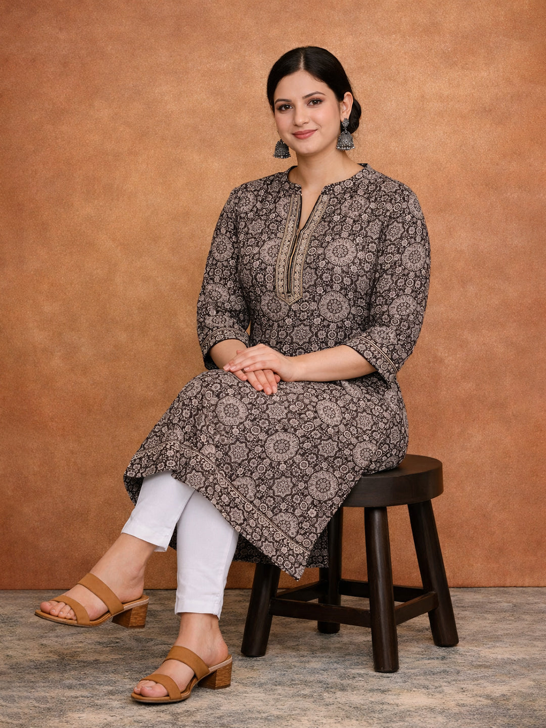 Brown Cotton Printed Kurti for Women