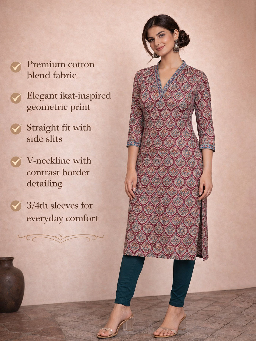 Magenta Cotton Printed Kurti for Women