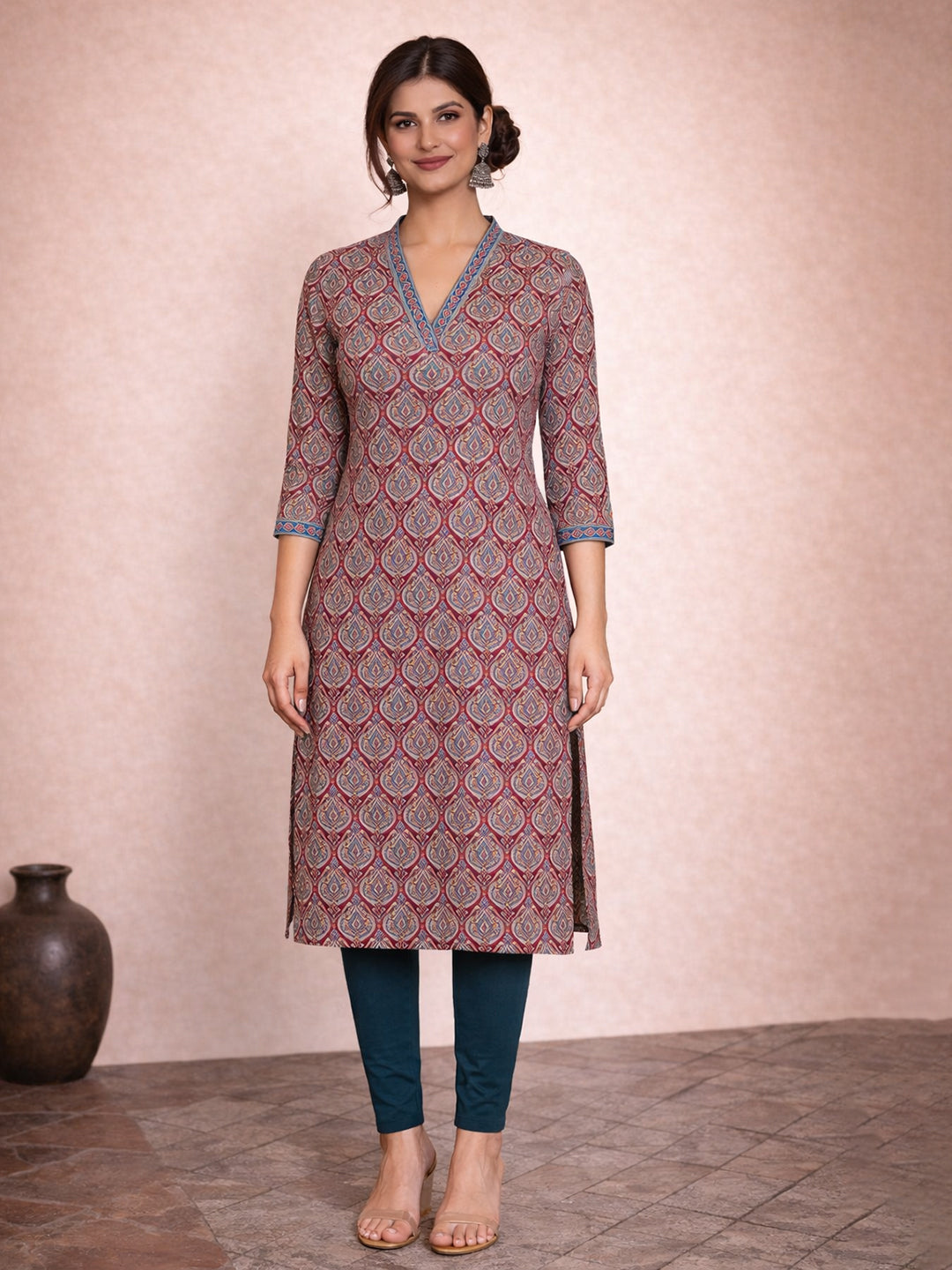 Magenta Cotton Printed Kurti for Women