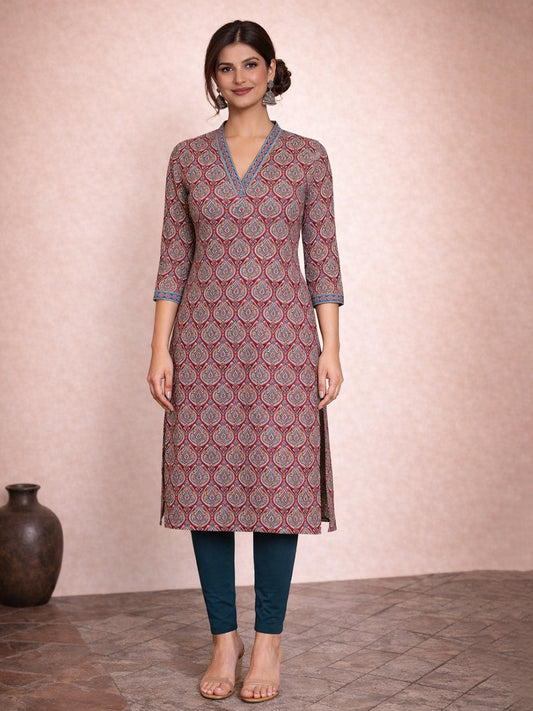 Magenta Cotton Printed Kurti for Women