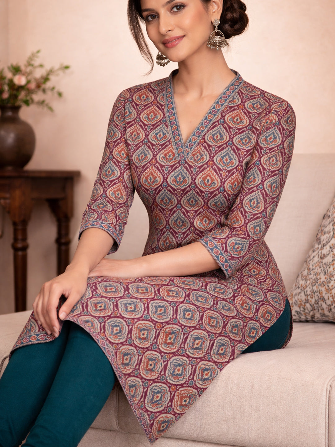 Magenta Cotton Printed Kurti for Women