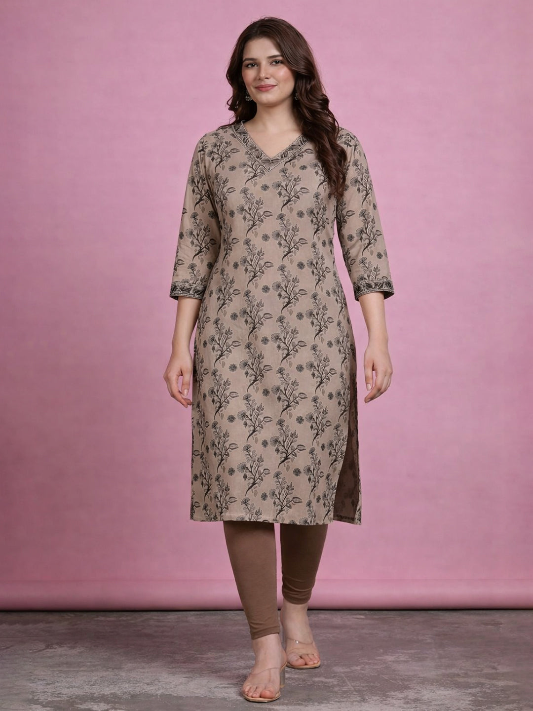 Beige Cotton Printed Kurti for Women