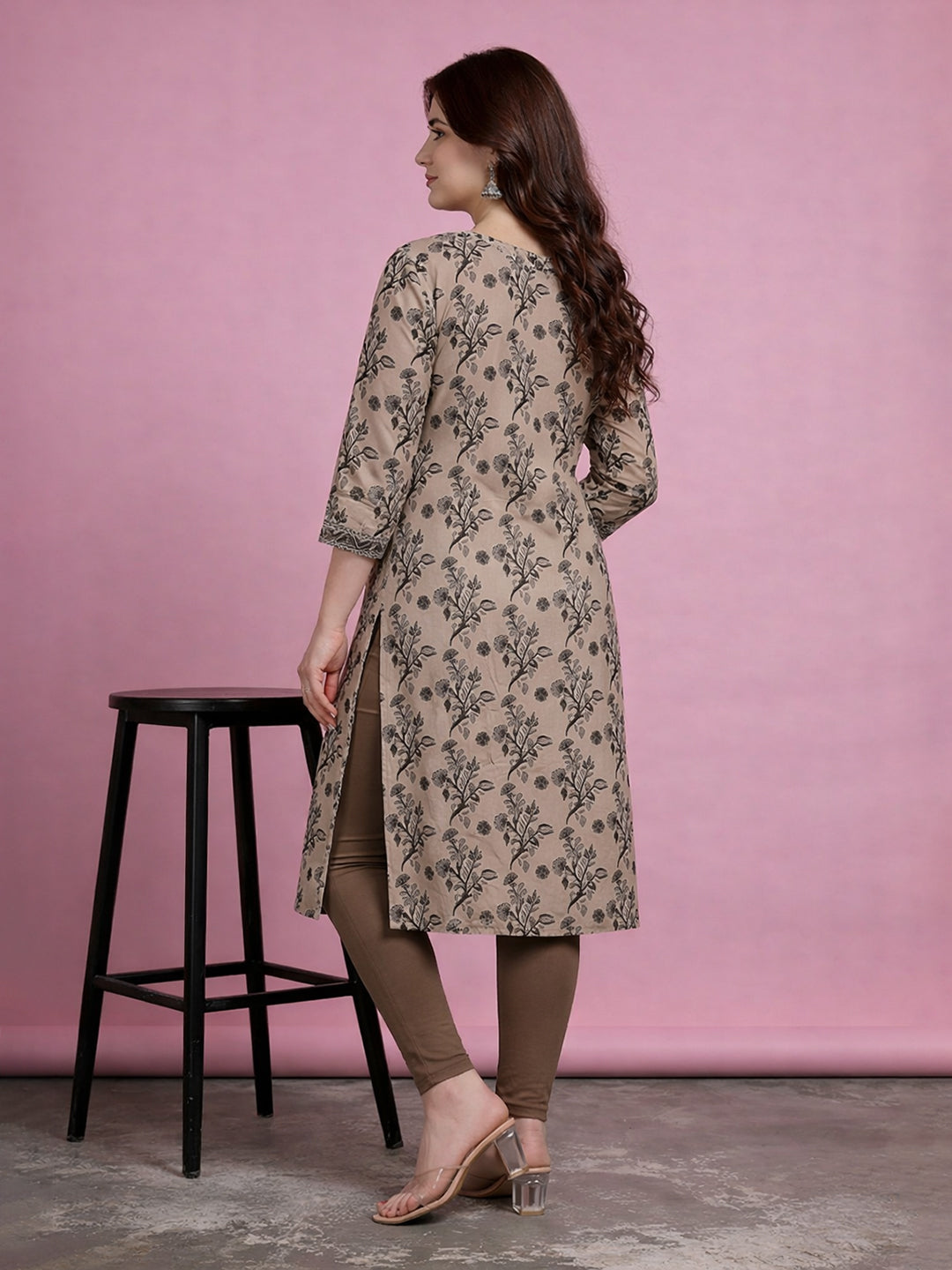 Beige Cotton Printed Kurti for Women