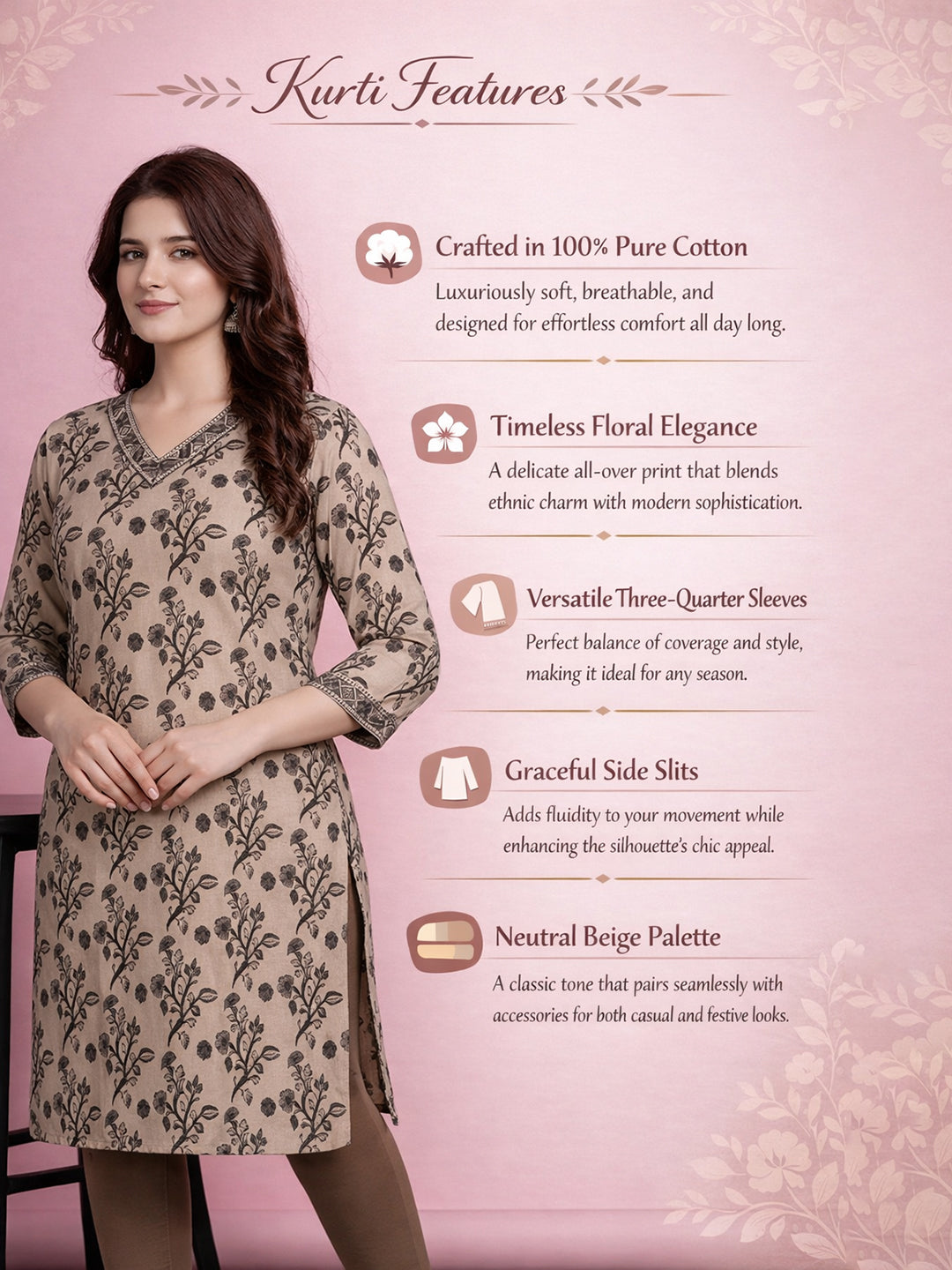 Beige Cotton Printed Kurti for Women
