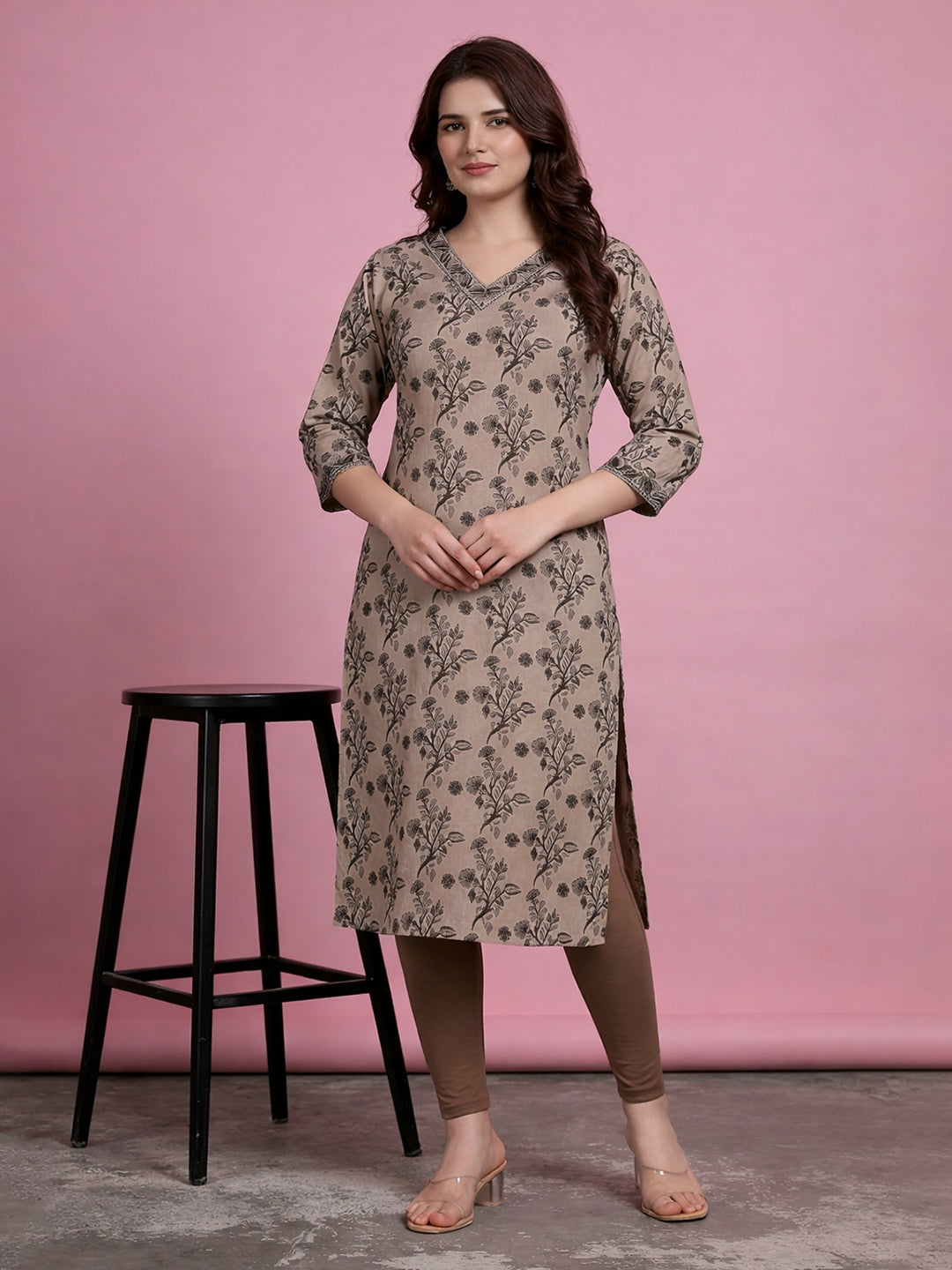 Beige Cotton Printed Kurti for Women