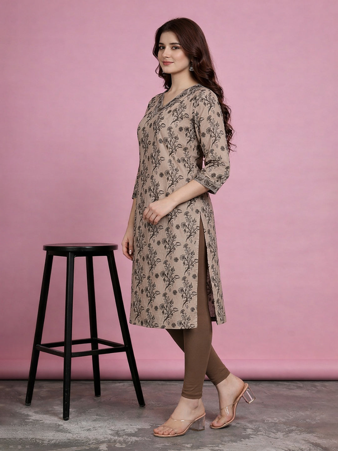 Beige Cotton Printed Kurti for Women