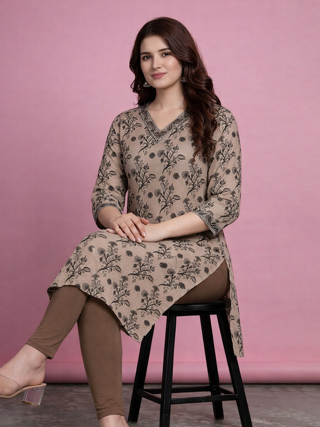 Beige Cotton Printed Kurti for Women