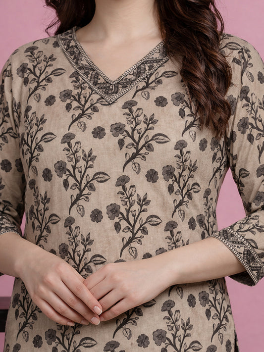 Beige Cotton Printed Kurti for Women