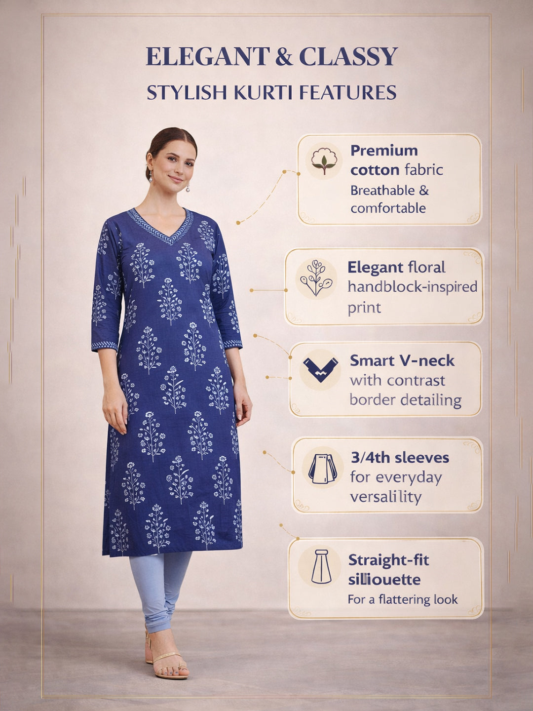 Blue Cotton Printed Kurti for Women