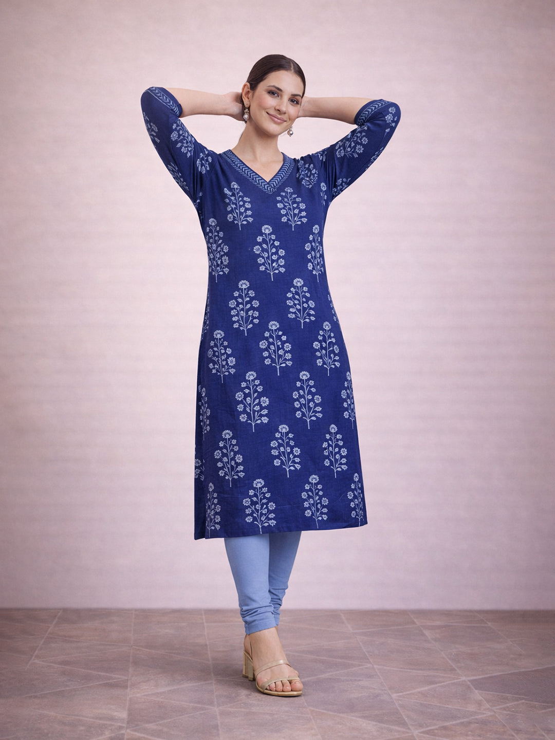 Blue Cotton Printed Kurti for Women