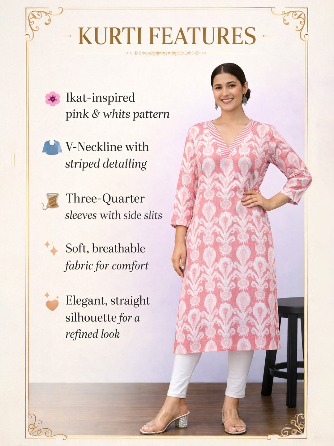 Pink Cotton Printed Kurti for Women