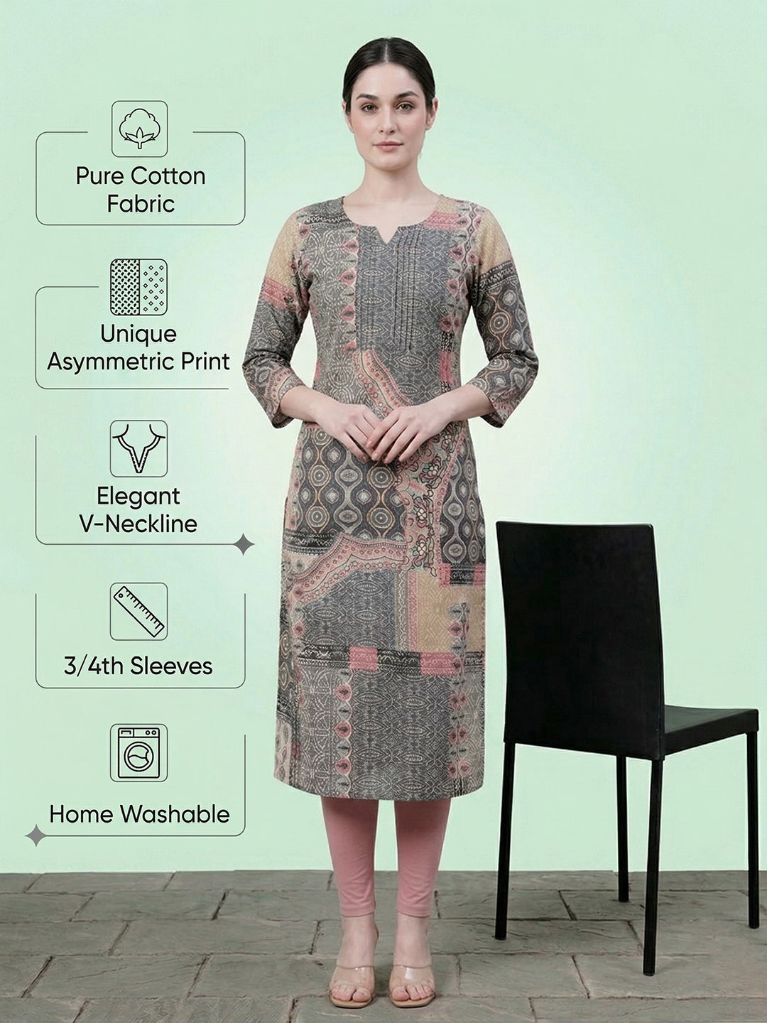 Grey Cotton Printed Kurti for Women