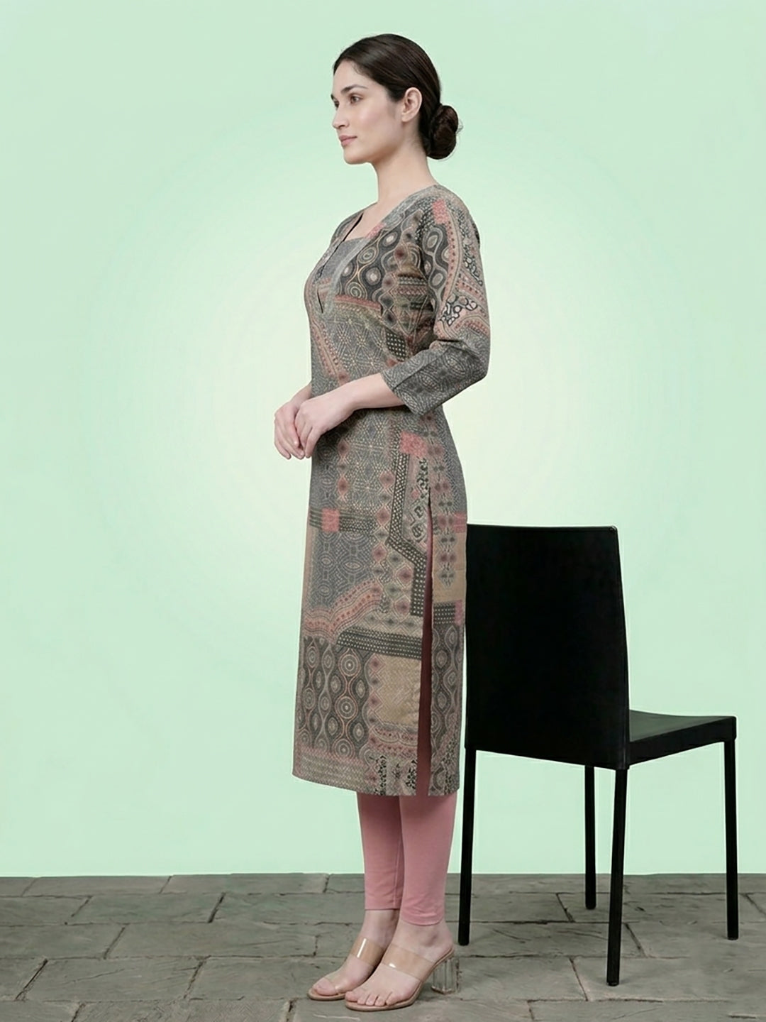 Grey Cotton Printed Kurti for Women
