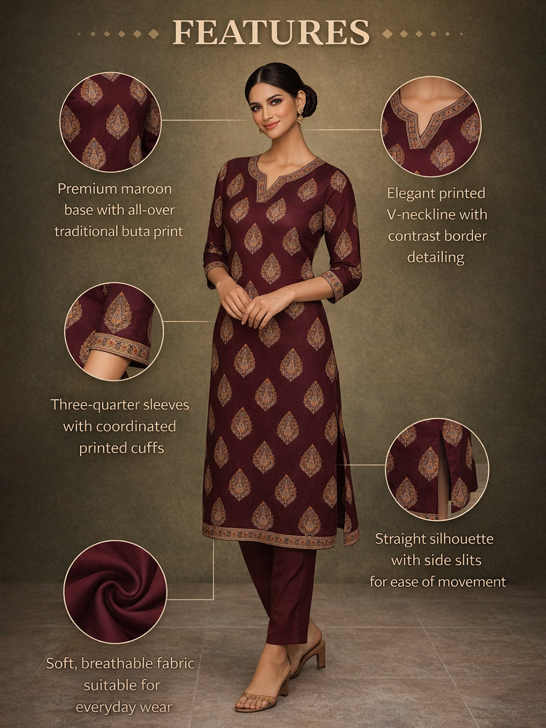 Maroon Cotton Printed Kurti for Women