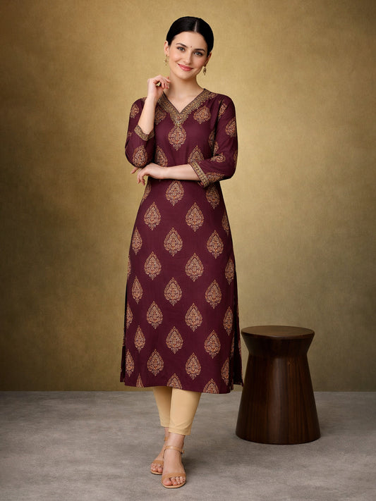 Maroon Cotton Printed Kurti for Women