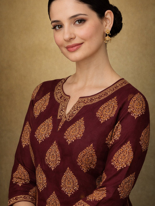 Maroon Cotton Printed Kurti for Women