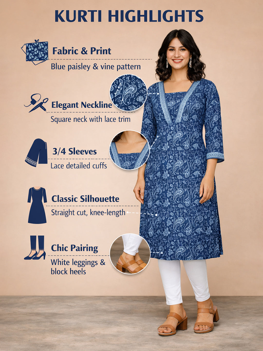 Navy Blue Cotton Printed Kurti for Women