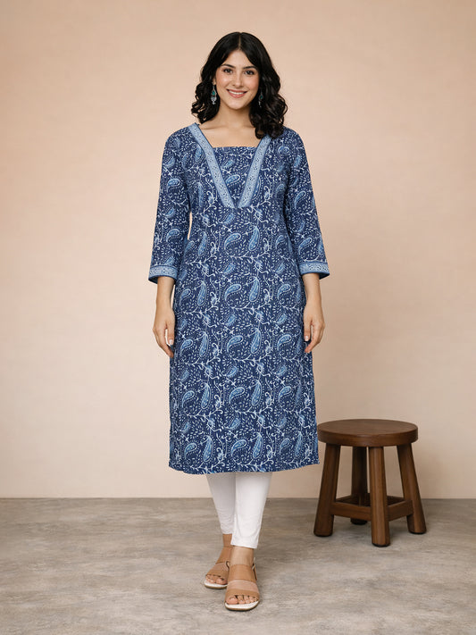 Navy Blue Cotton Printed Kurti for Women