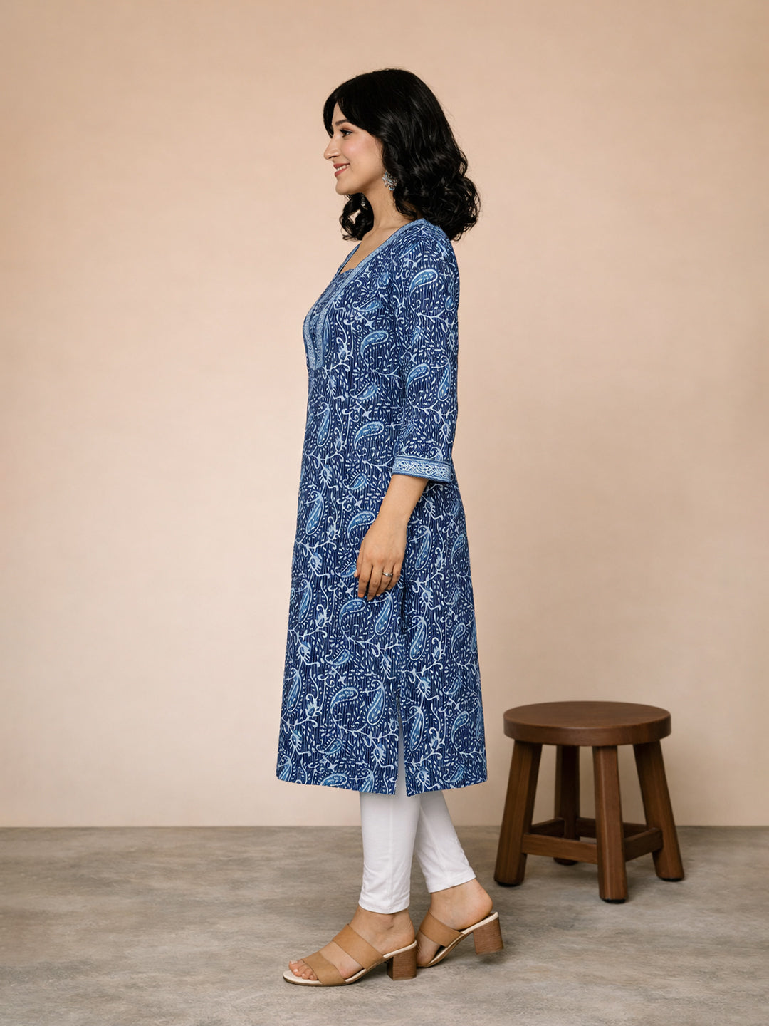 Navy Blue Cotton Printed Kurti for Women
