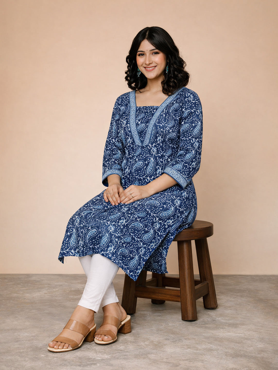 Navy Blue Cotton Printed Kurti for Women