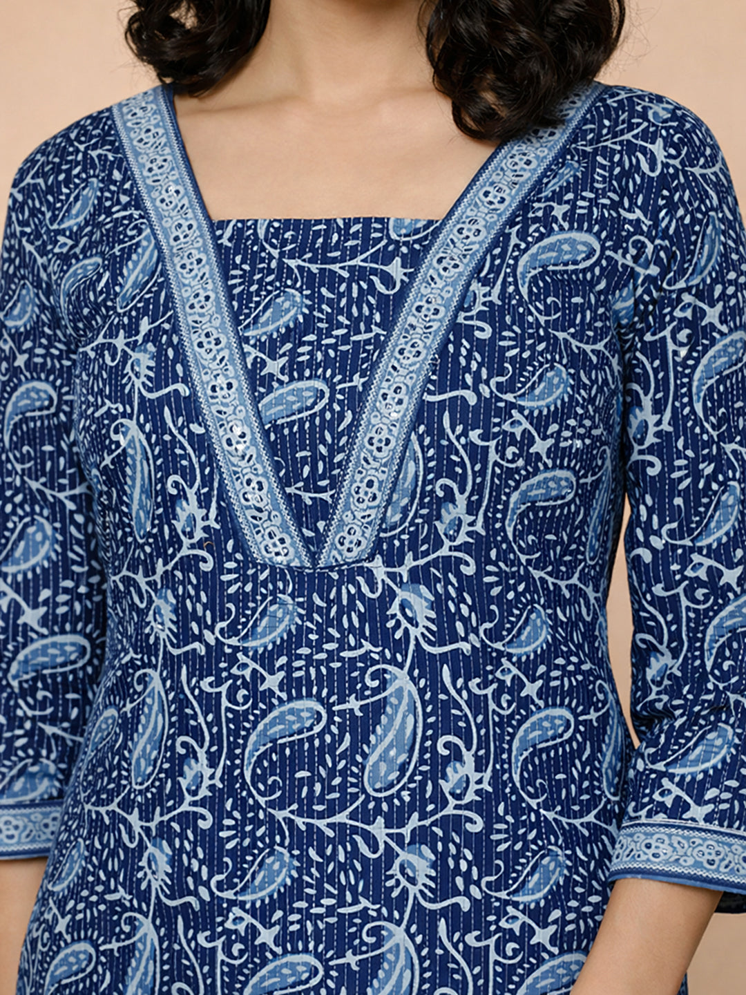 Navy Blue Cotton Printed Kurti for Women