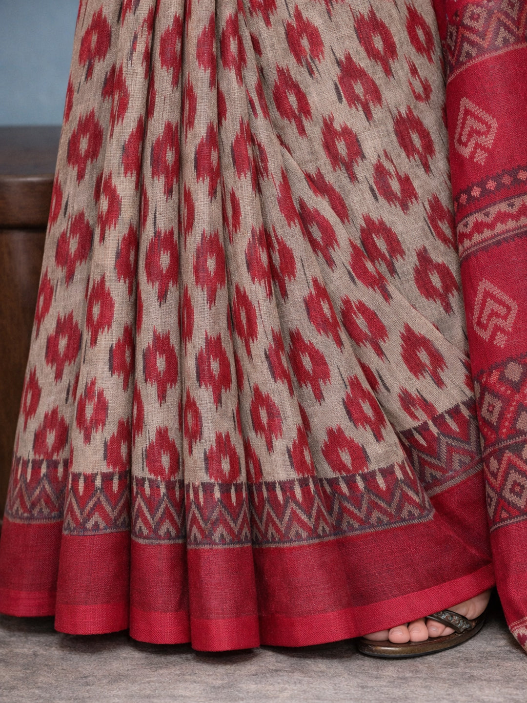 Red Block Print Pure Cotton Saree | No Blouse Piece