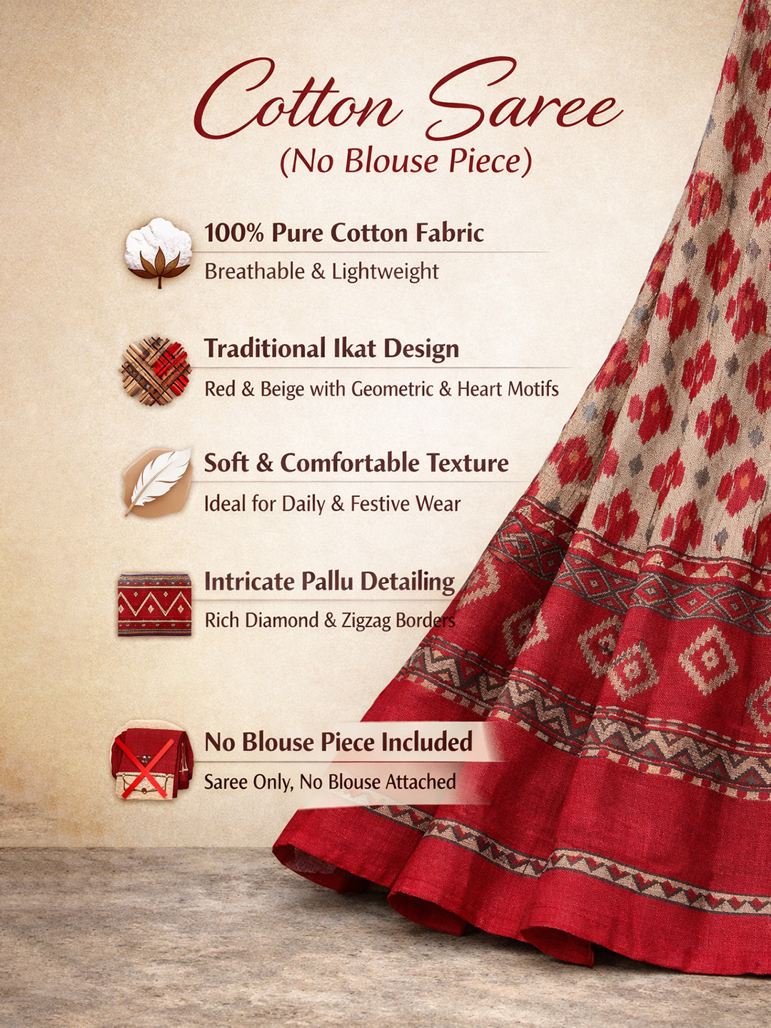 Red Block Print Pure Cotton Saree | No Blouse Piece