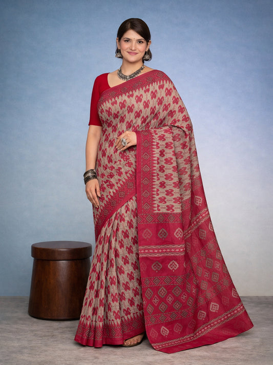 Red Block Print Pure Cotton Saree | No Blouse Piece