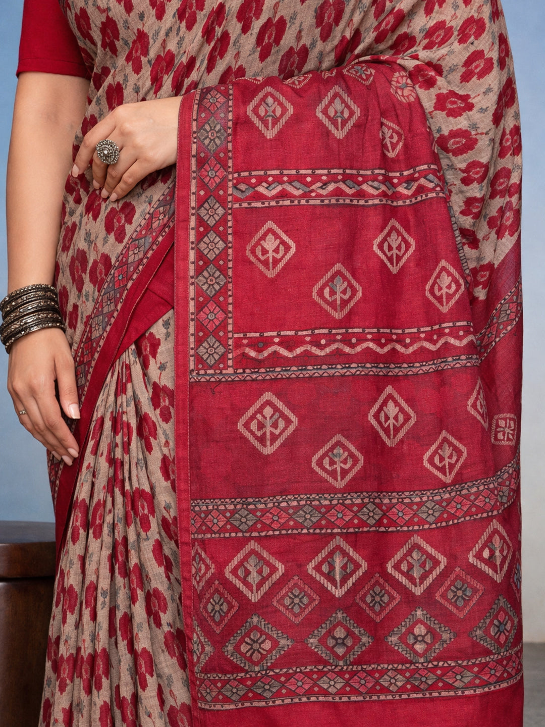 Red Block Print Pure Cotton Saree | No Blouse Piece
