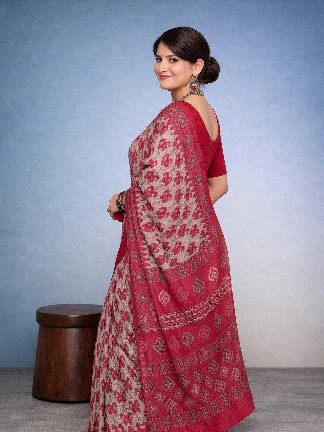 Red Block Print Pure Cotton Saree | No Blouse Piece