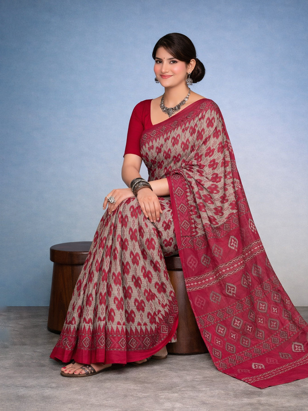 Red Block Print Pure Cotton Saree | No Blouse Piece