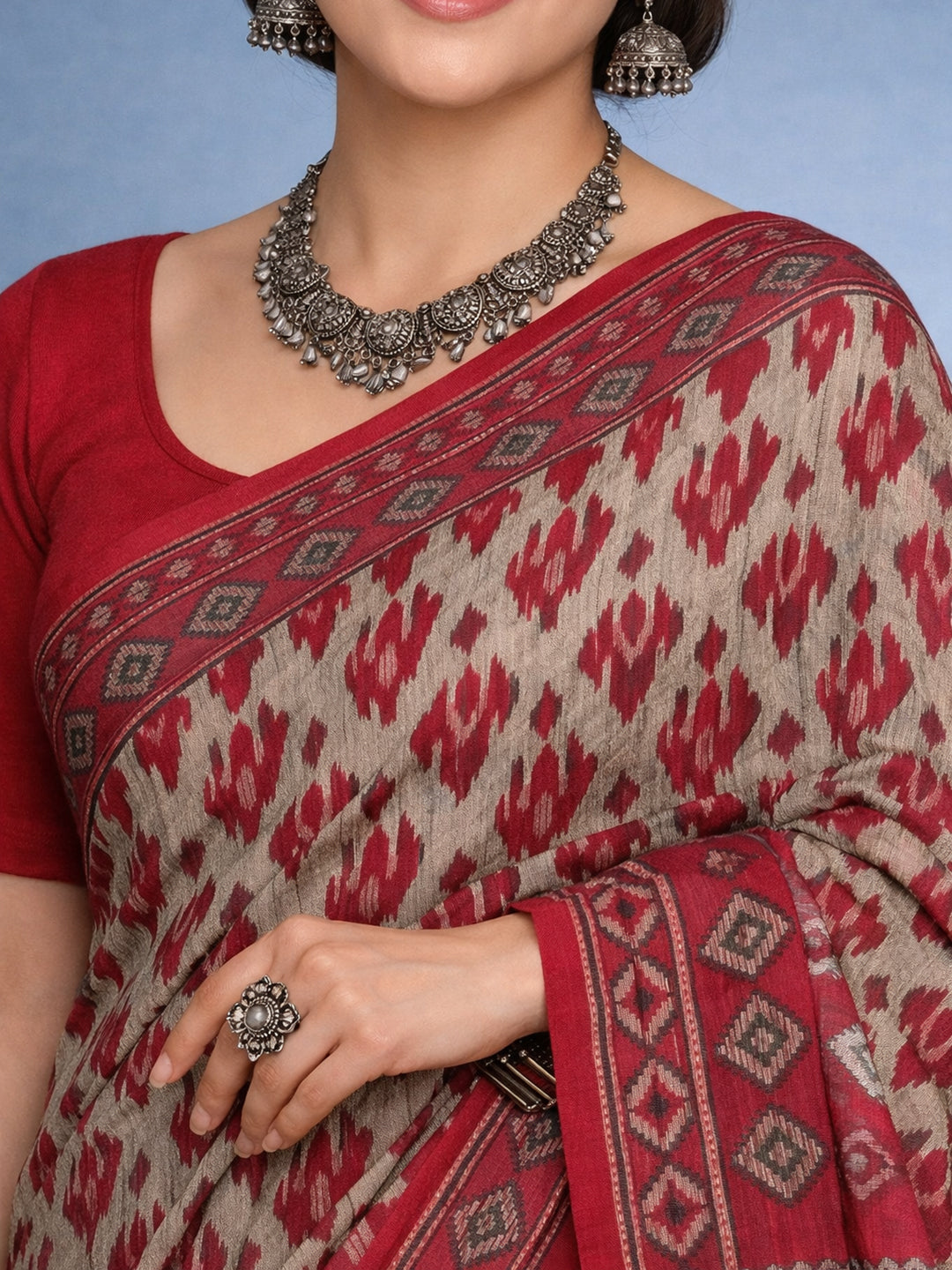 Red Block Print Pure Cotton Saree | No Blouse Piece