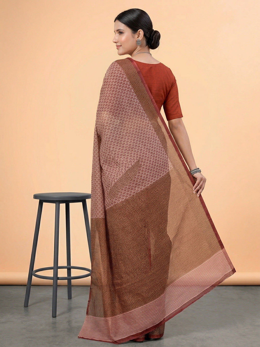 Beige Ethnic Motifs Print Pure Cotton Saree | No Blouse Piece