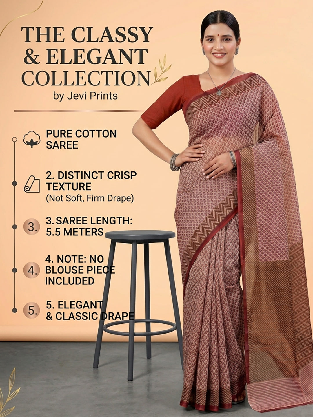 Beige Ethnic Motifs Print Pure Cotton Saree | No Blouse Piece