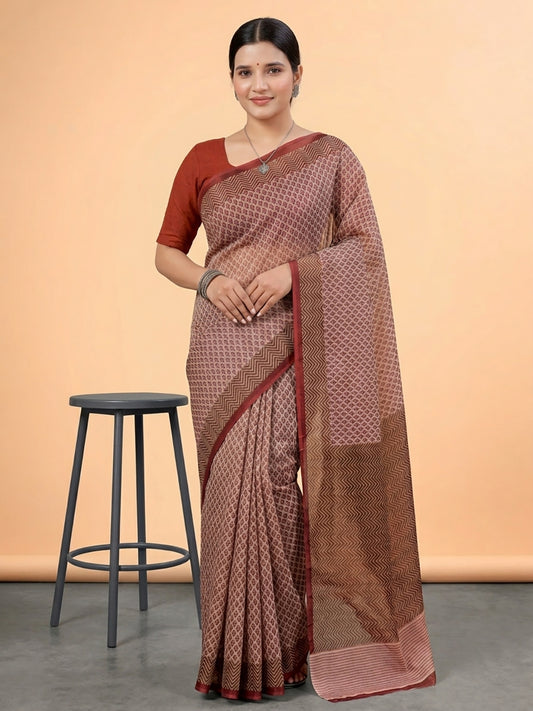 Beige Ethnic Motifs Print Pure Cotton Saree | No Blouse Piece