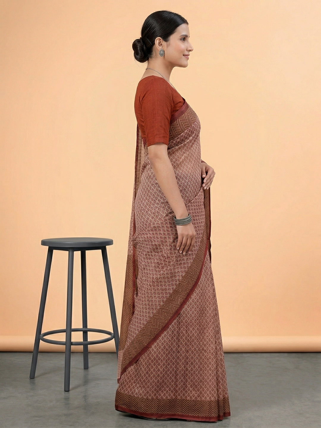 Beige Ethnic Motifs Print Pure Cotton Saree | No Blouse Piece