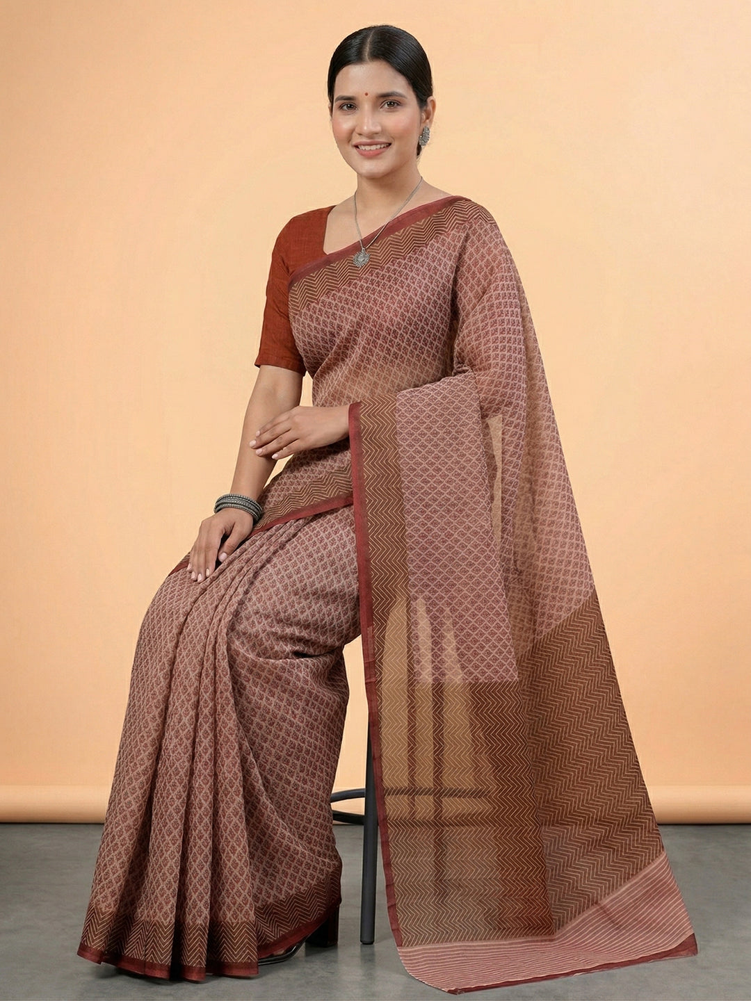 Beige Ethnic Motifs Print Pure Cotton Saree | No Blouse Piece