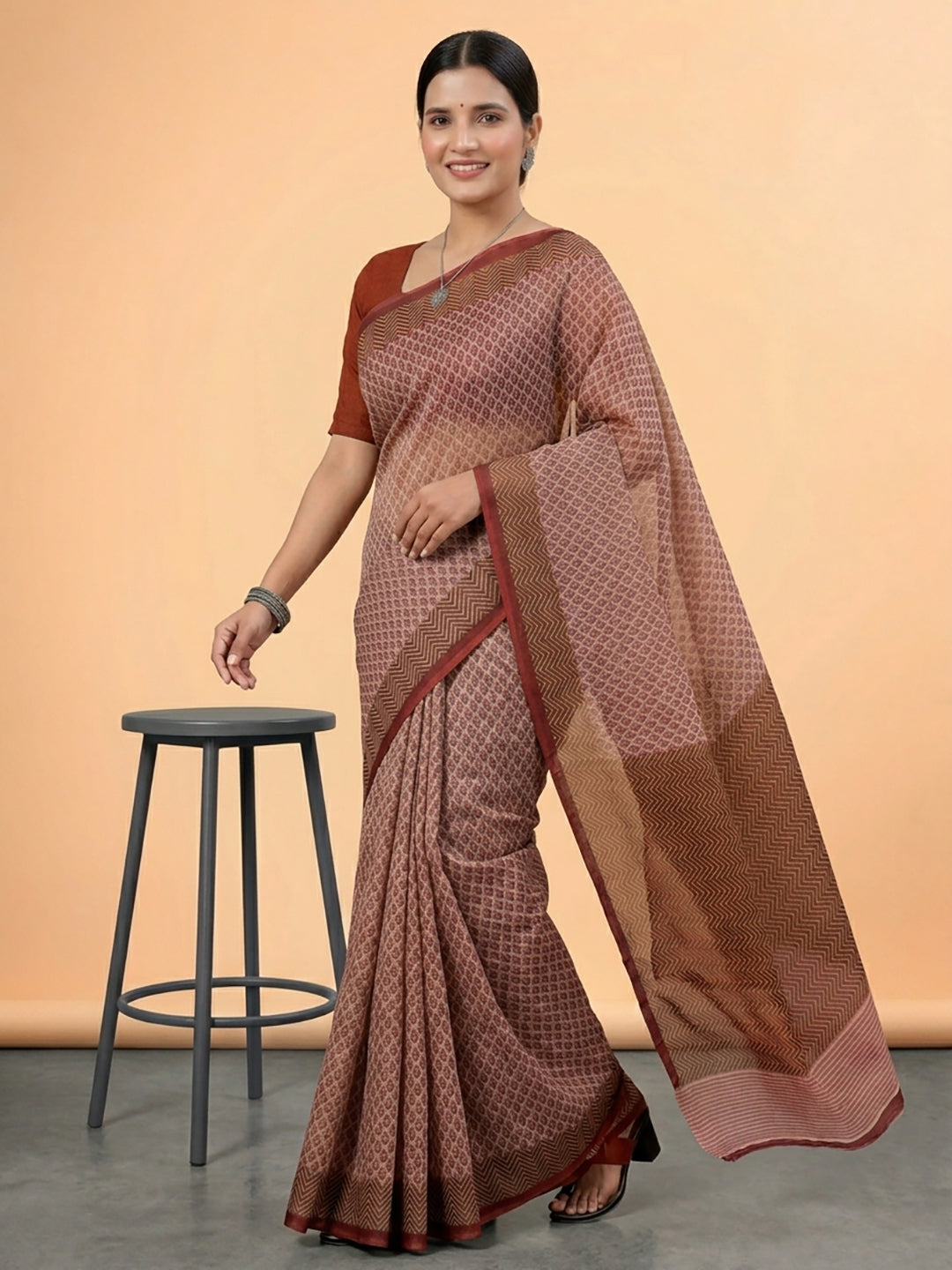 Beige Ethnic Motifs Print Pure Cotton Saree | No Blouse Piece