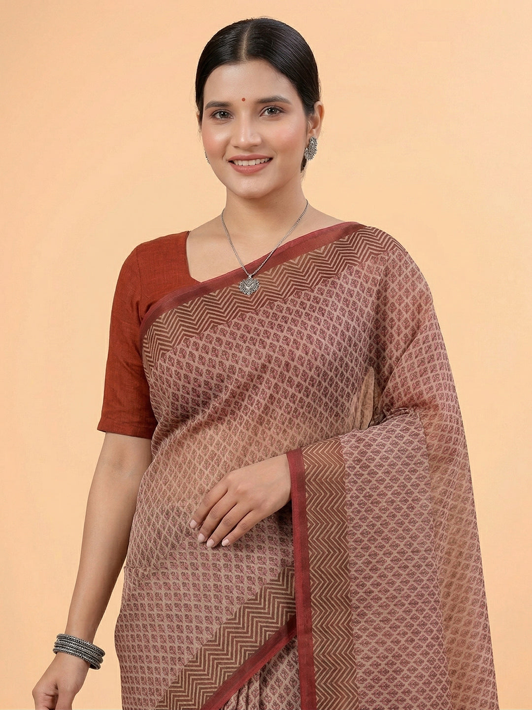 Beige Ethnic Motifs Print Pure Cotton Saree | No Blouse Piece