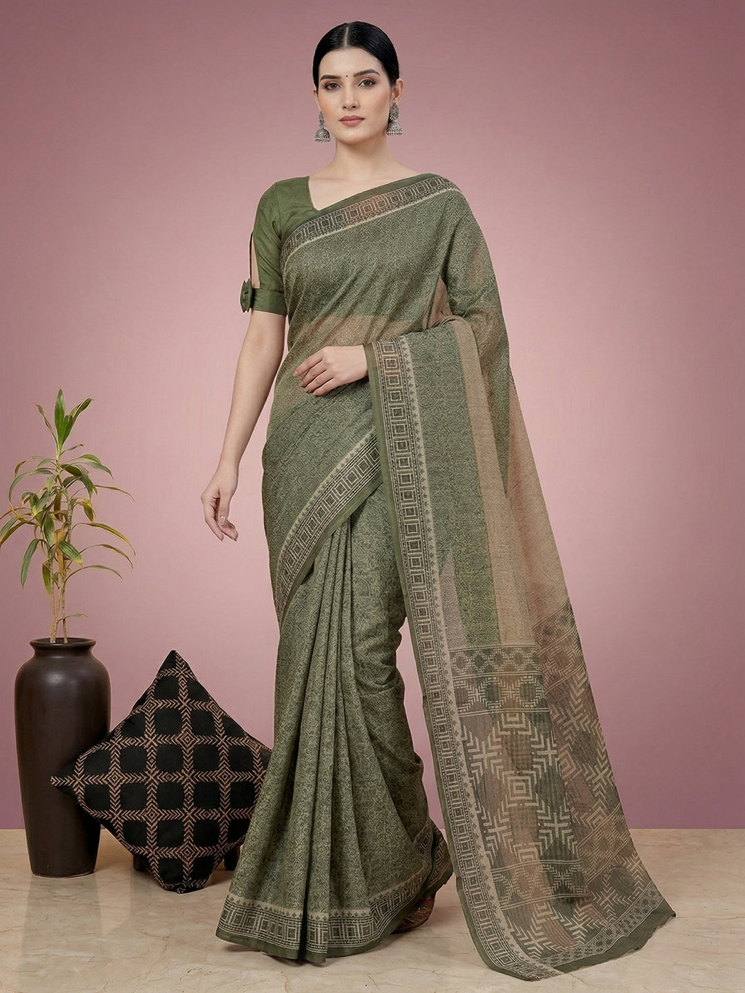 Green Paisley Print Pure Cotton Saree | No Blouse Piece