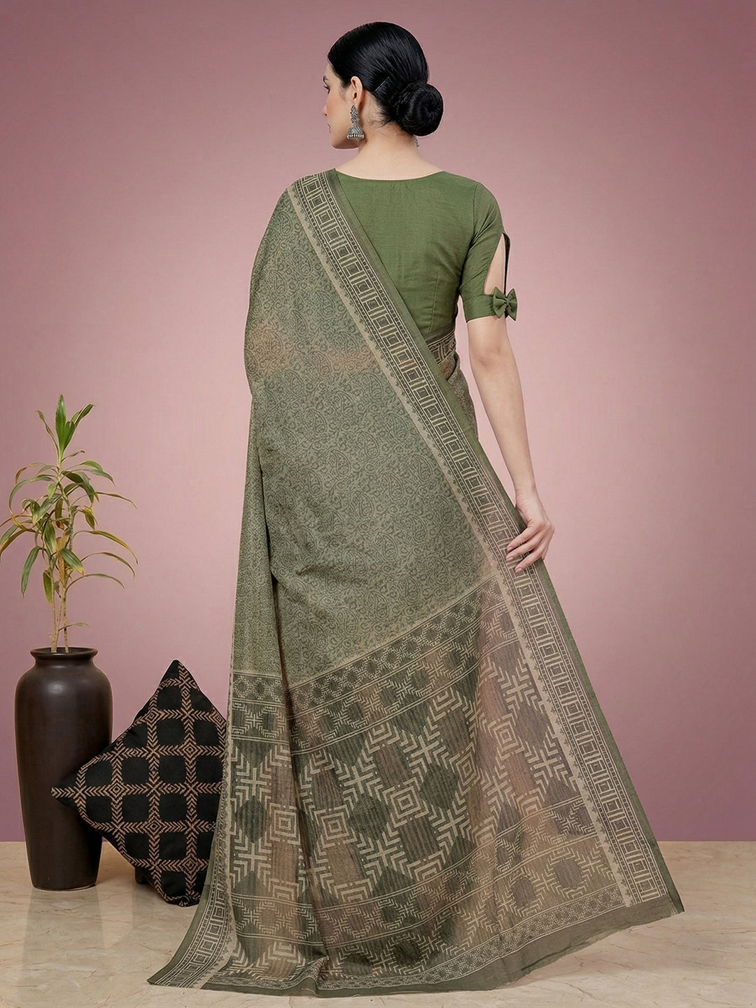 Green Paisley Print Pure Cotton Saree | No Blouse Piece