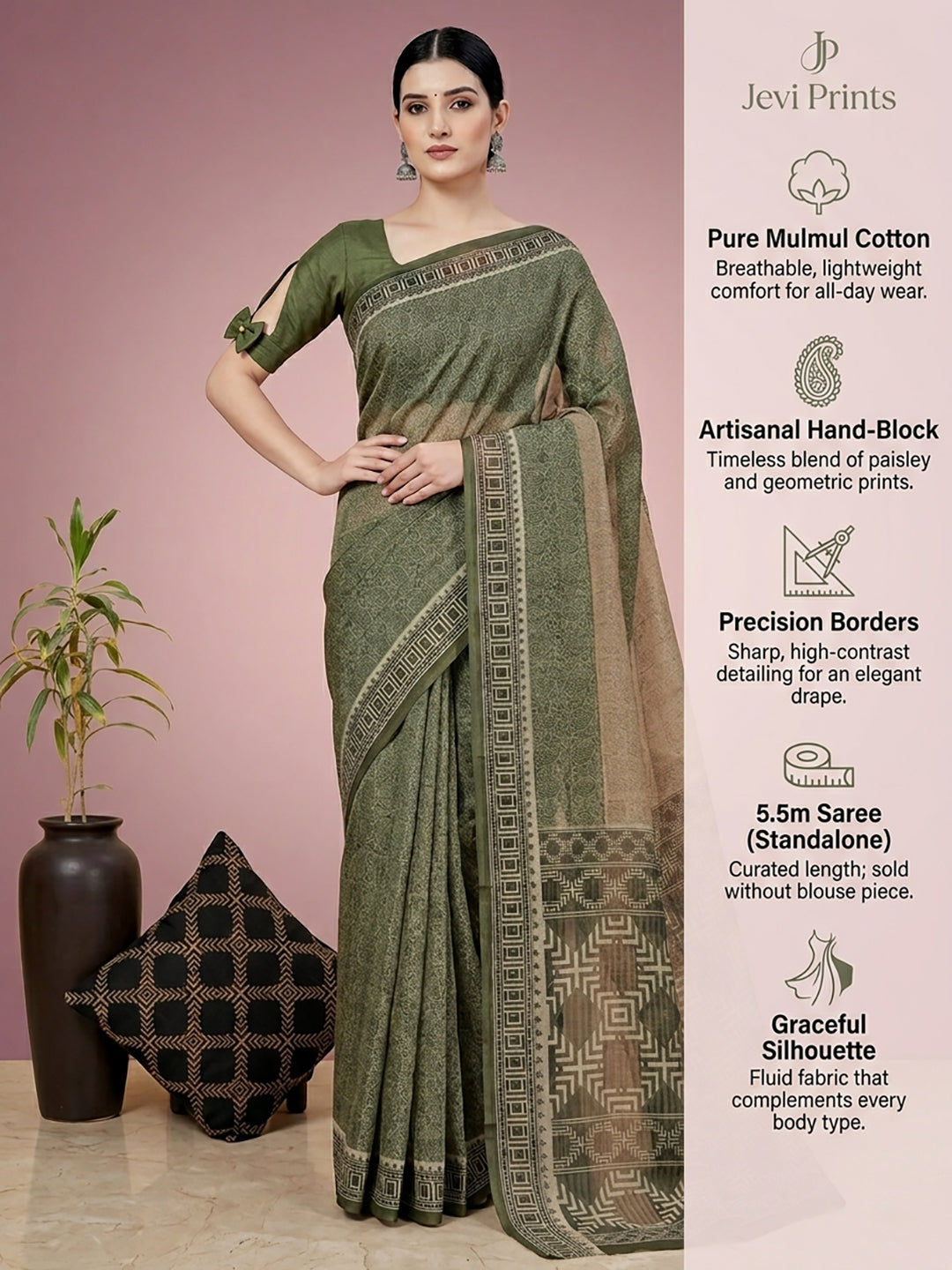 Green Paisley Print Pure Cotton Saree | No Blouse Piece