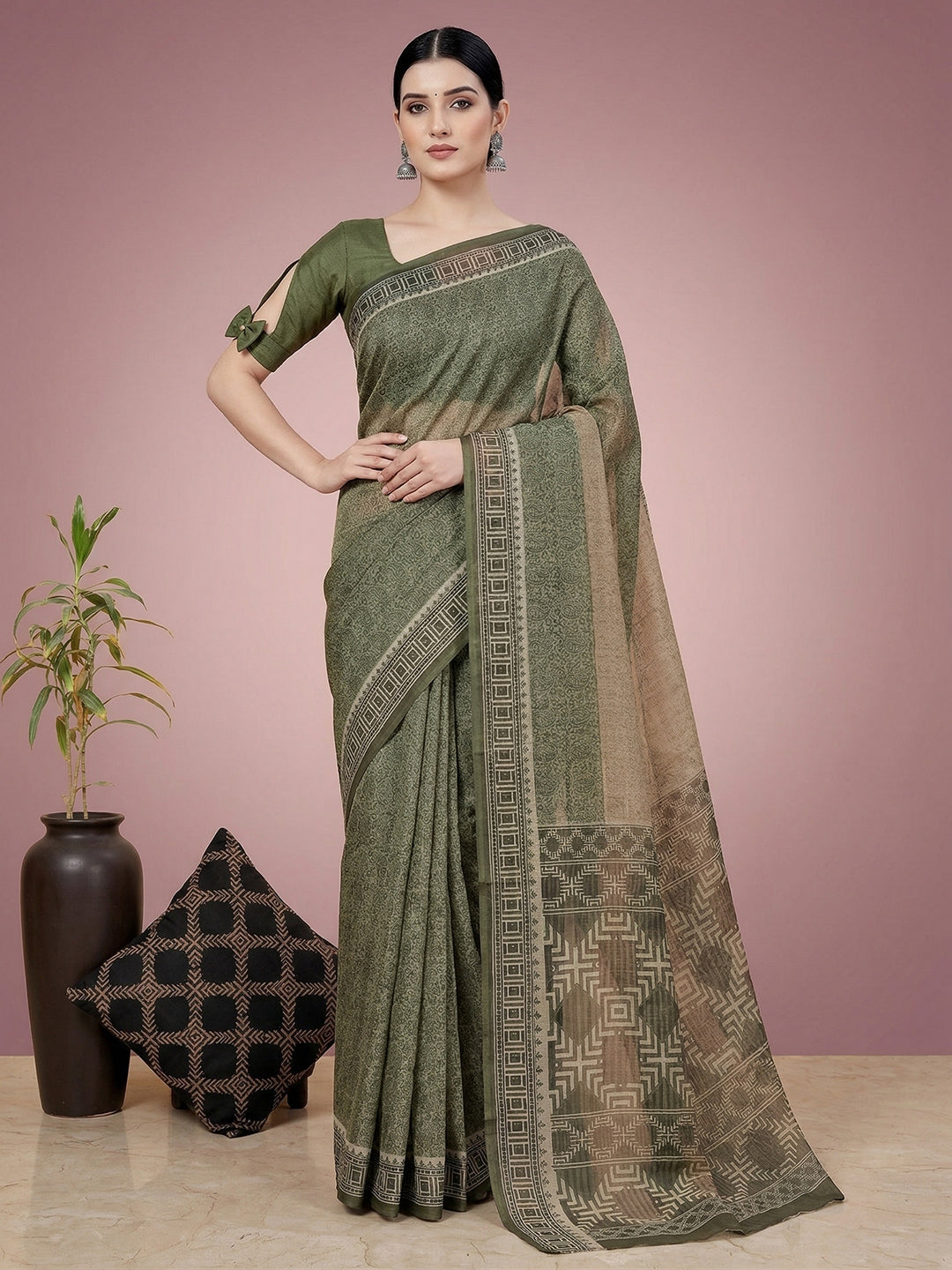 Green Paisley Print Pure Cotton Saree | No Blouse Piece
