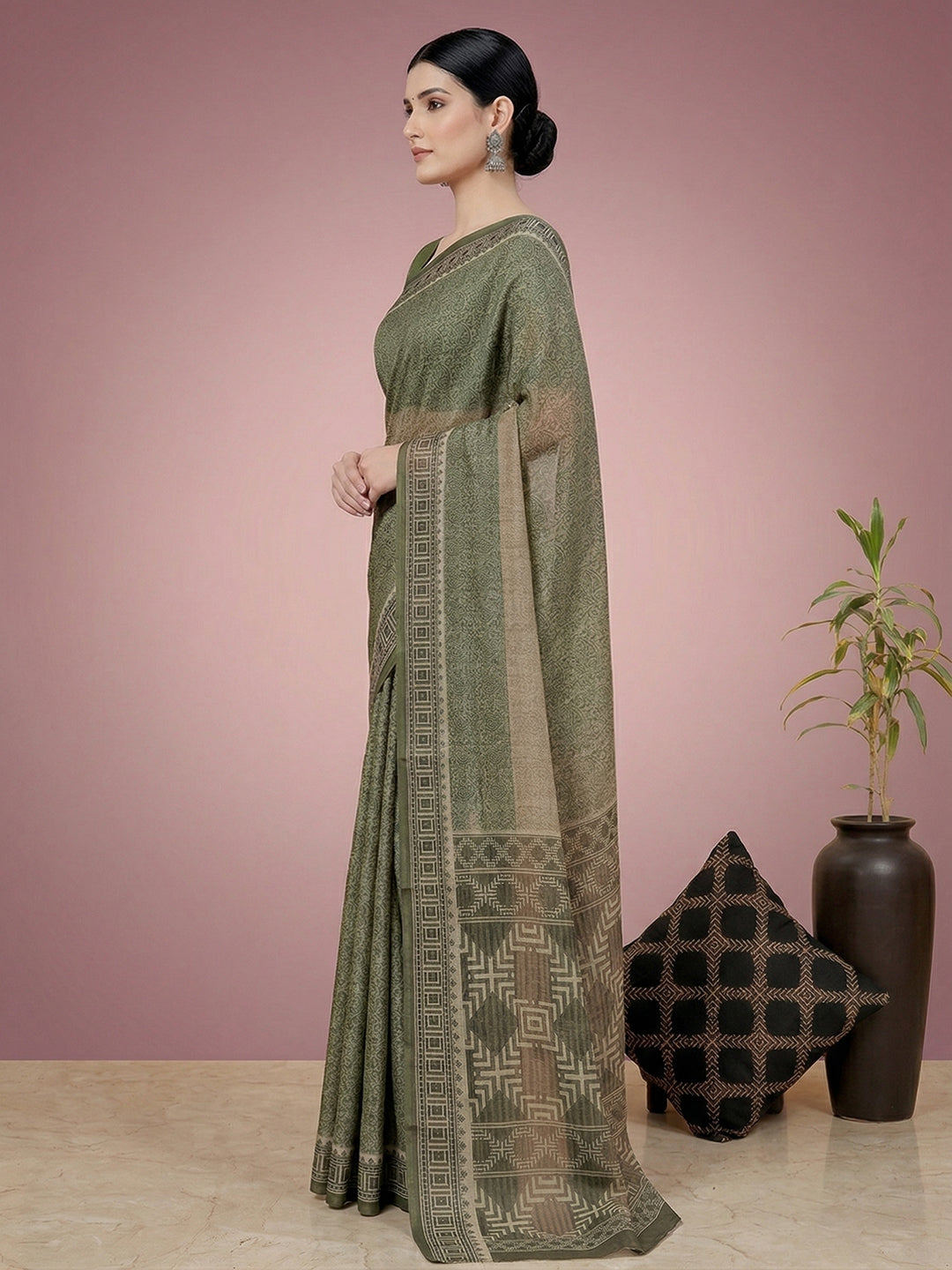 Green Paisley Print Pure Cotton Saree | No Blouse Piece