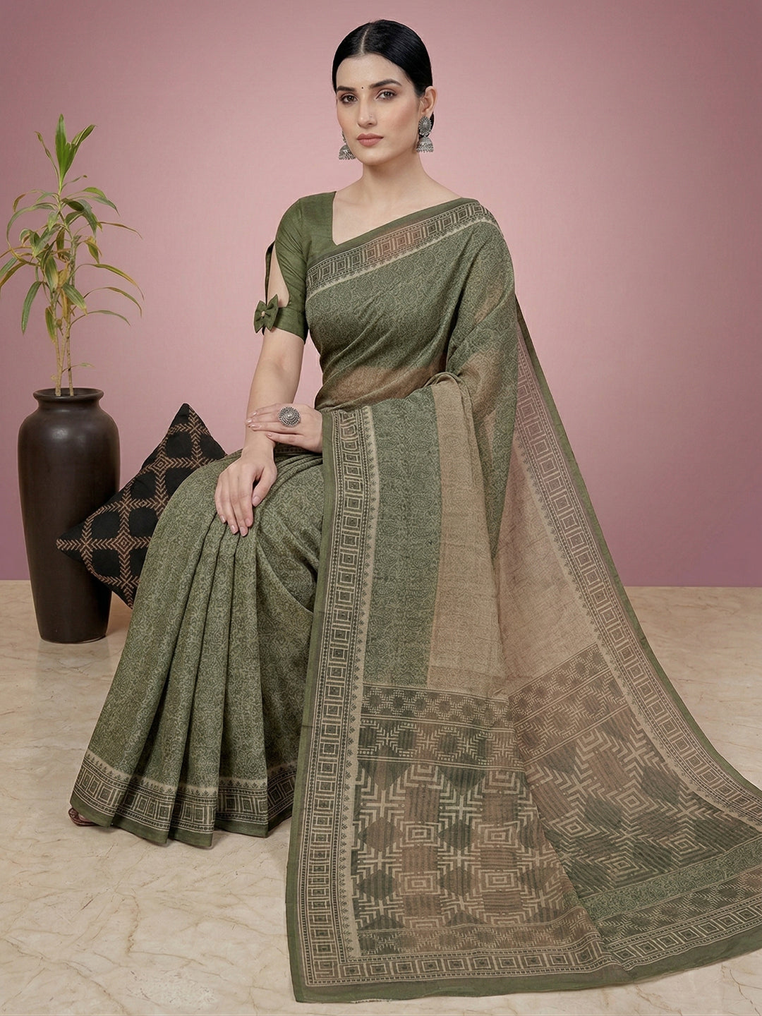 Green Paisley Print Pure Cotton Saree | No Blouse Piece