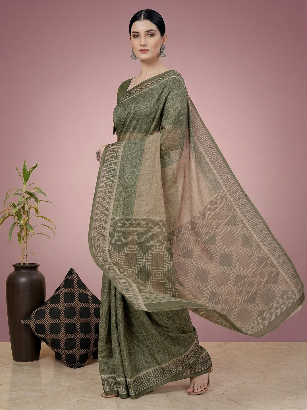 Green Paisley Print Pure Cotton Saree | No Blouse Piece